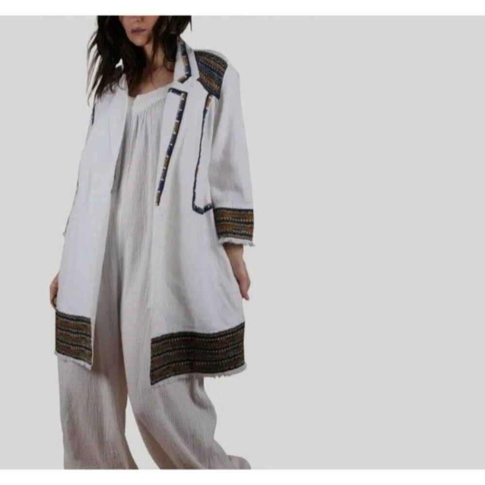 Chico’s 100% Linen Embroidered Open Front Jacket Boho Ethnic Trim Cream Sz 0 Sou